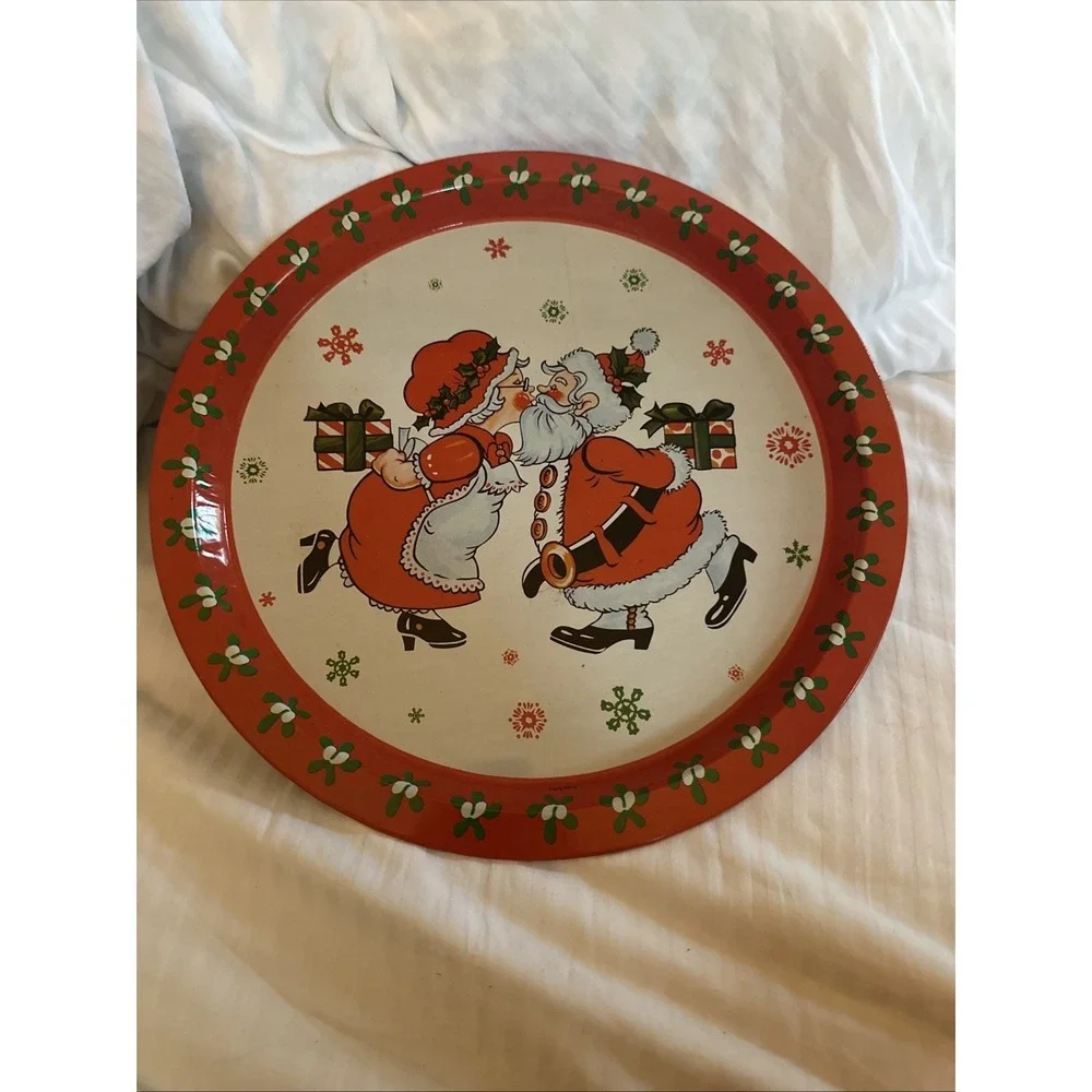 Vintage Etin Christmas Large Tin Serving Tray Santa Claus Kissing Mrs Claus